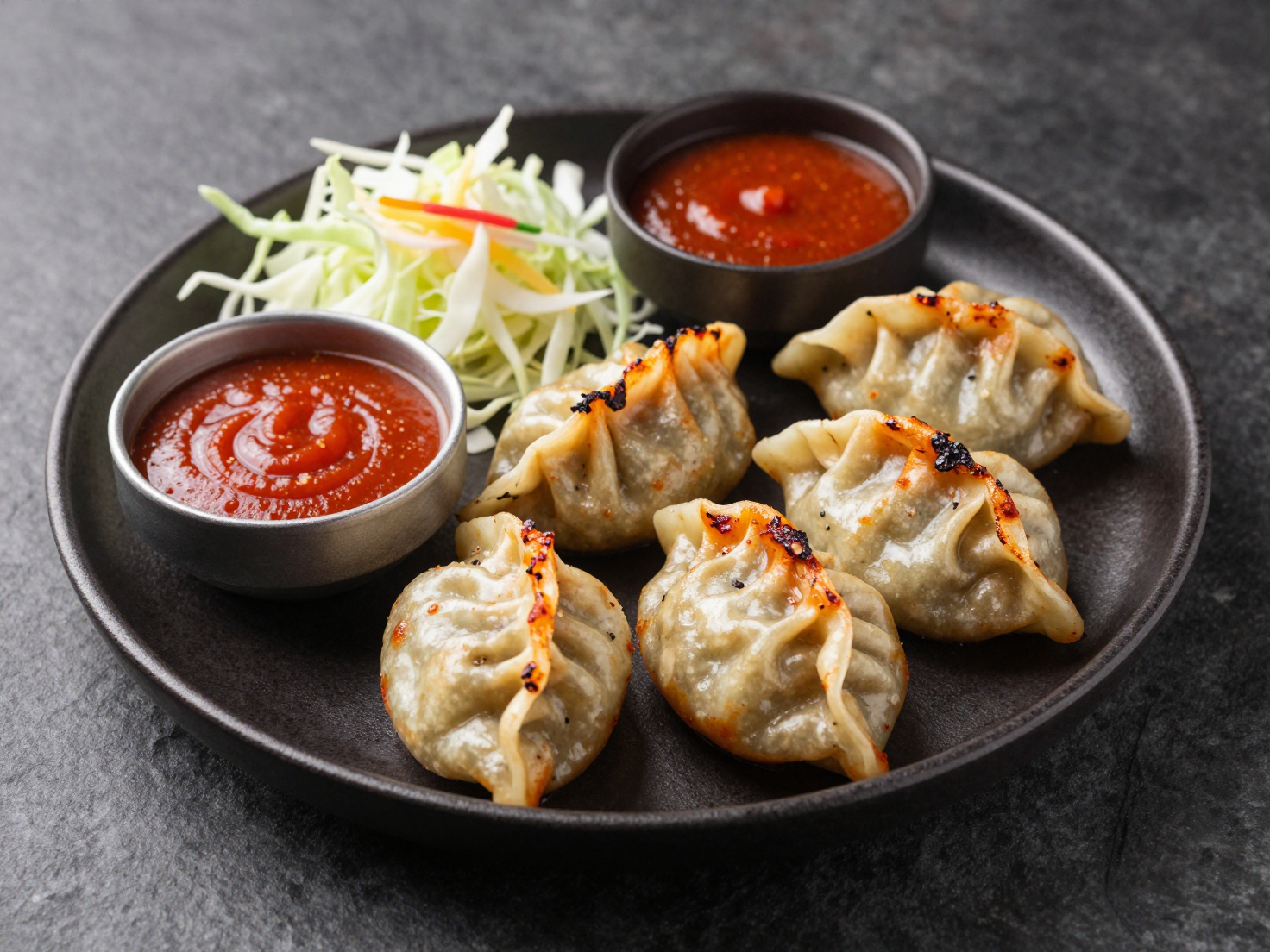 Original preview image for the prompt “spicy grilled chicken momos on black ceramic plate, red d...” — creator credit: user_11d774aa