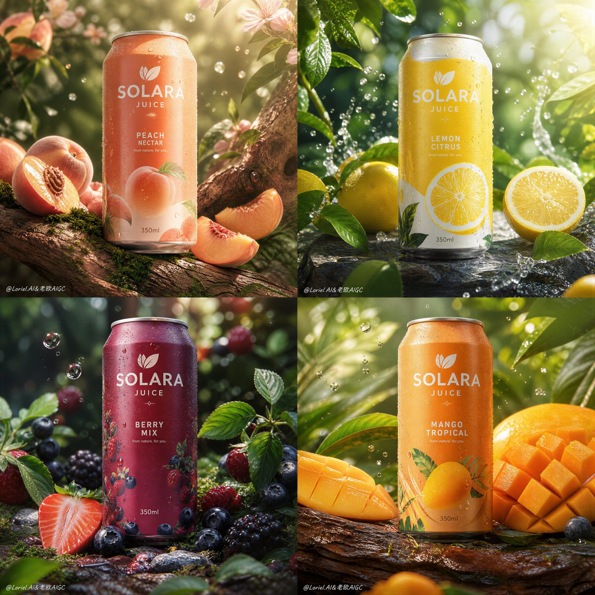 Original preview image for the prompt “Create an ultra-premium 2x2 four-panel fruit-juice can ca...” — creator credit: ou_zhen599
