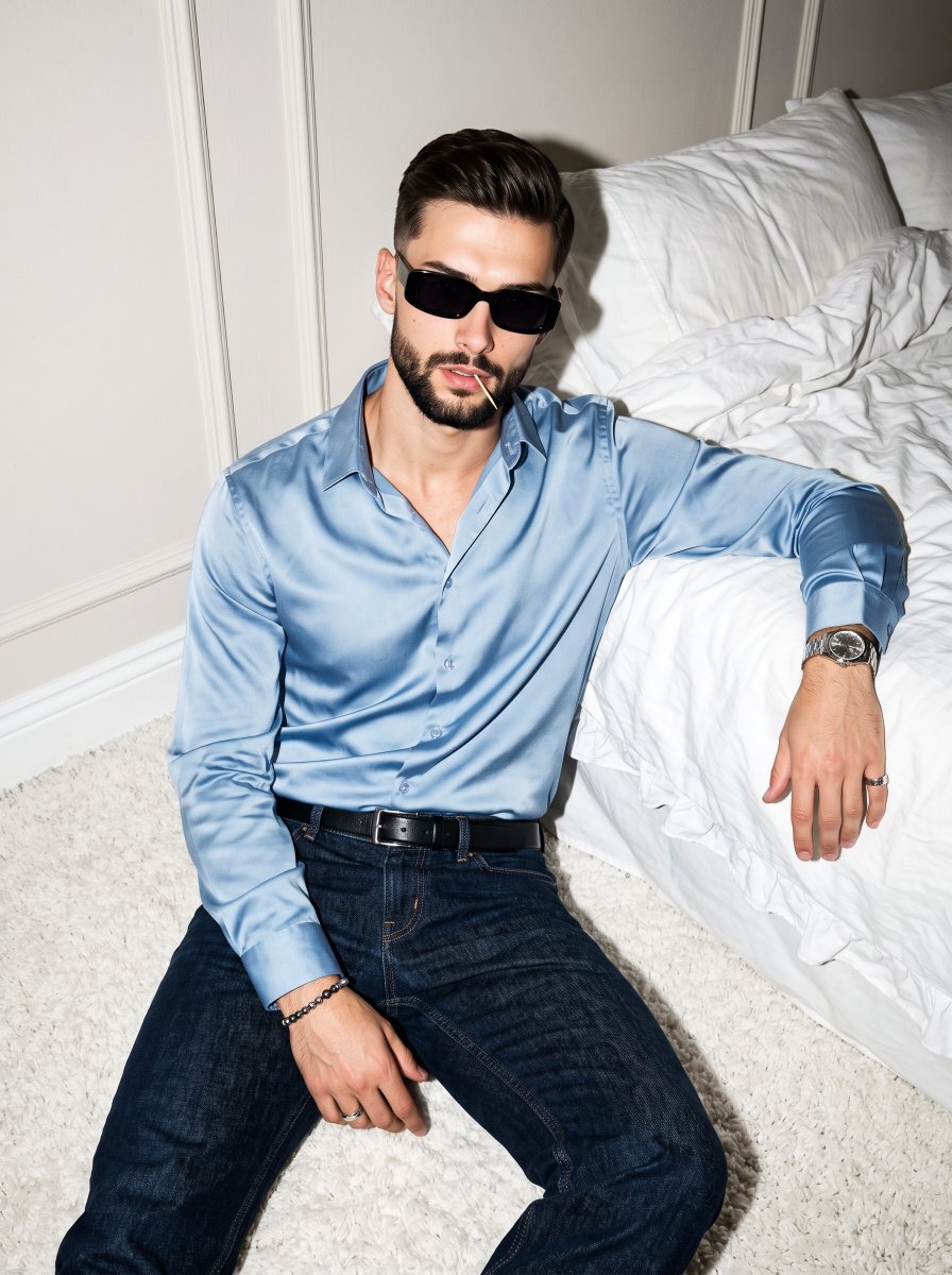 Original preview image for the prompt “A young male model sits confidently on a white shag carpe...” — creator credit: pictsbyai