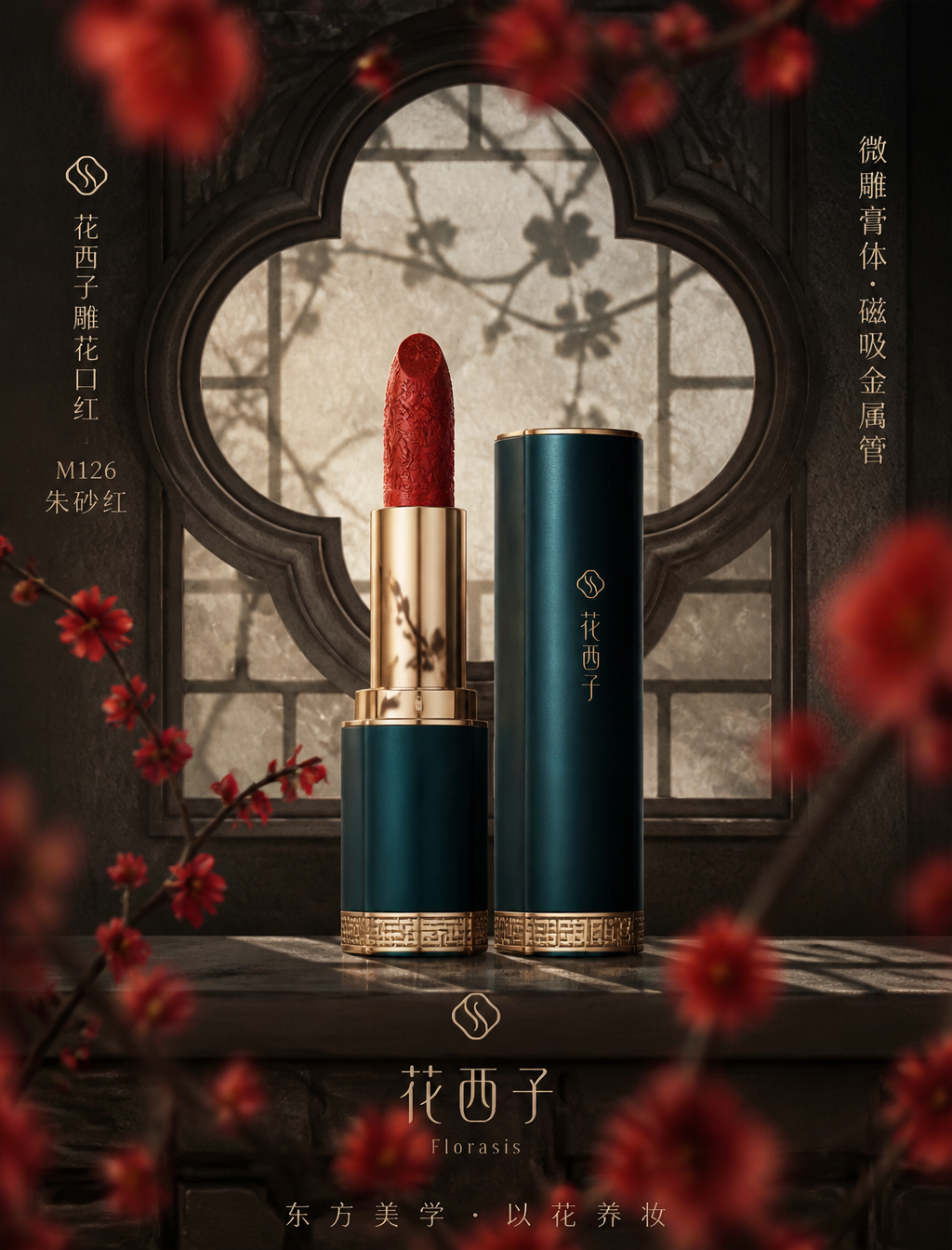 Original preview image for the prompt “你是一位专精国潮美妆商业视觉的资深创意总监。请对以下商品广告进行专业级重设计:【原始素材】花西子 雕花口红 M12...” — creator credit: user_3f39e769