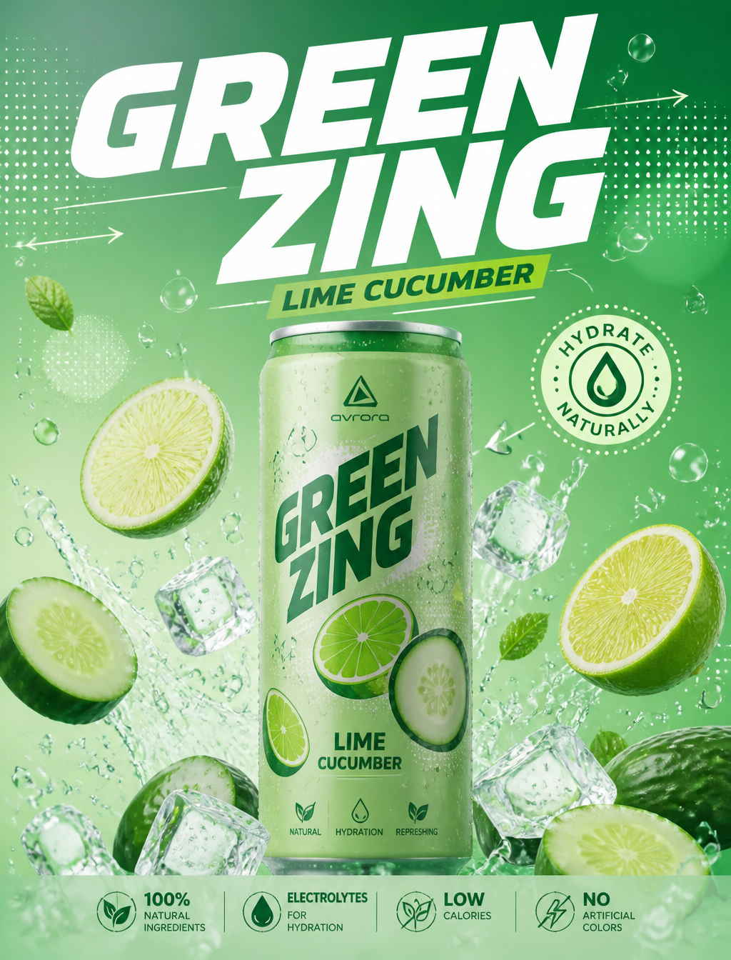 Original preview image for the prompt “青柠黄瓜气泡饮料广告,薄荷绿色背景,顶部大主标“GREEN ZING”,使用粗体斜体无衬线字体,干净有力量,副标“...” — creator credit: user_8008edda