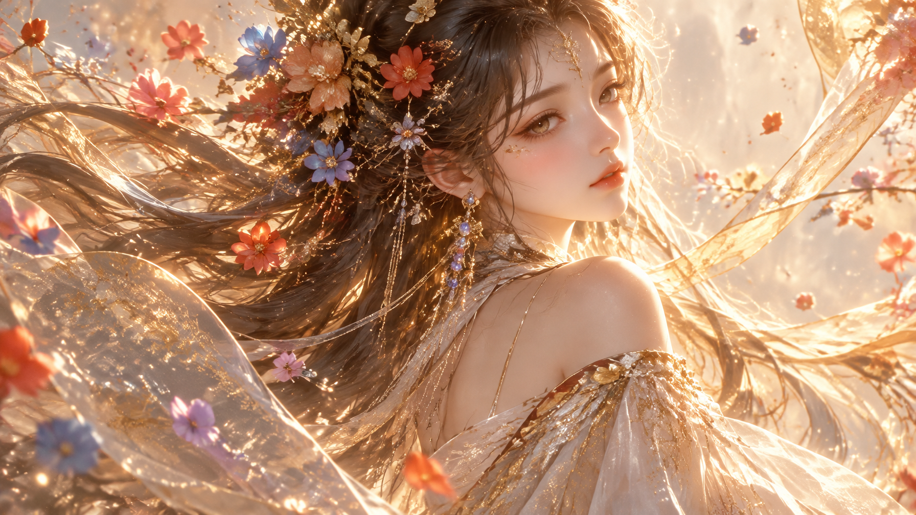 Original preview image for the prompt “东方幻想风格女性,半身肖像,回眸侧脸,气质空灵优雅,柔和神性美感,细腻五官,微垂眼神,冷白细腻肌肤,淡雅橘粉妆容,...” — creator credit: user_d2f5e86c