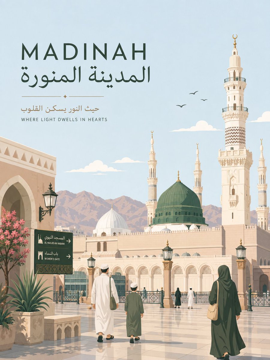 Original preview image for the prompt “Premium minimalist flat-vector travel poster for Madinah,...” — creator credit: saniaspeaks_